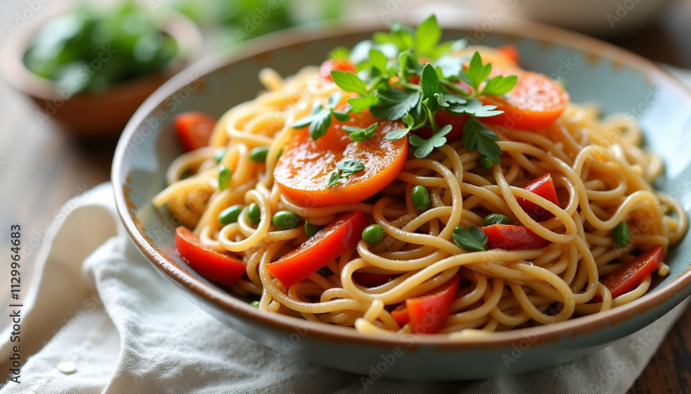 Delicious spaghetti with fresh vegetables and herbs in a stylish bowl Delicious spaghetti with fresh vegetables and herbs in a stylish bowl