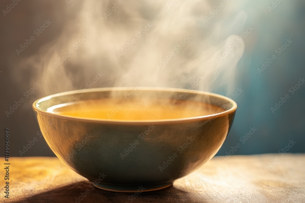 Steaming Hot Broth In A Ceramic Bowl Steaming Hot Broth In A Ceramic Bowl