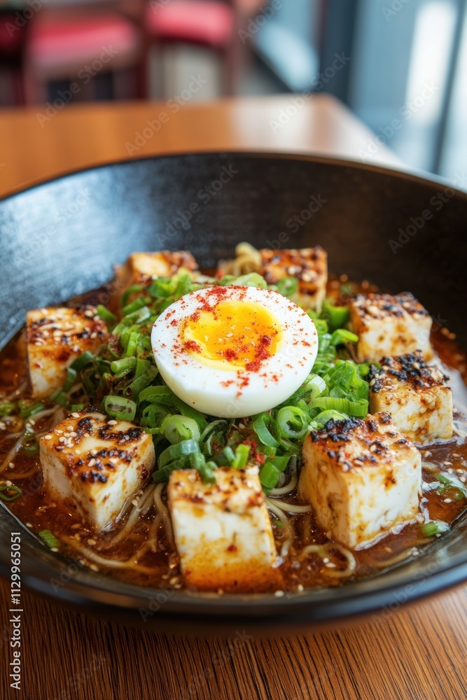 A bowl of ramen with tofu, green onions, and a soft-boiled egg, garnished with spices. A bowl of ramen with tofu, green onions, and a soft-boiled egg, garnished with spices.