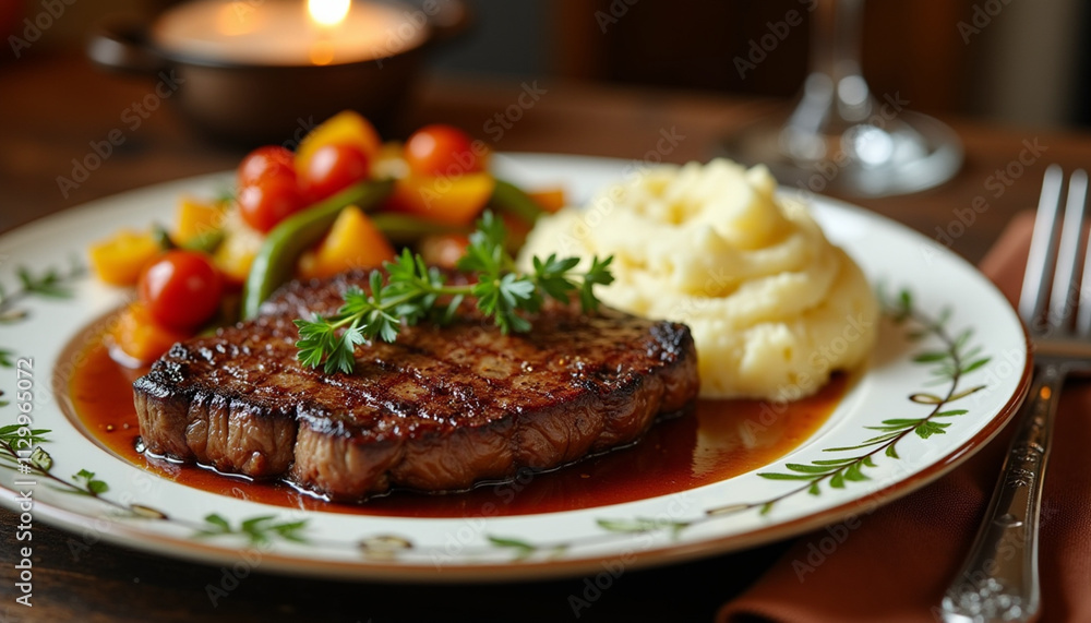 Juicy beef steak with mashed potatoes and sautéed vegetables on an elegant plate Juicy beef steak with mashed potatoes and sautéed vegetables on an elegant plate
