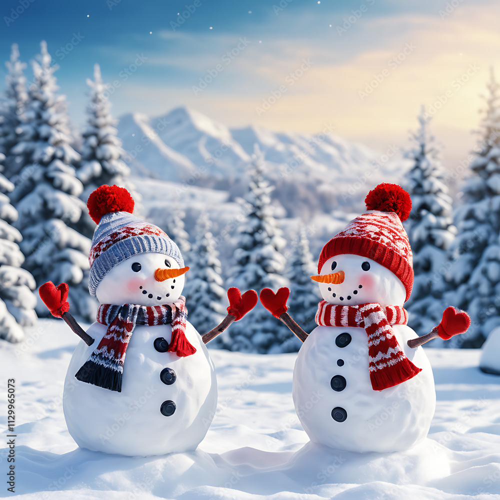 Merry Christmas and Happy New Year greeting card with copy space. Many snowmen standing in winter Christmas landscape. Merry Christmas and Happy New Year greeting card with copy space. Many snowmen standing in winter Christmas landscape.