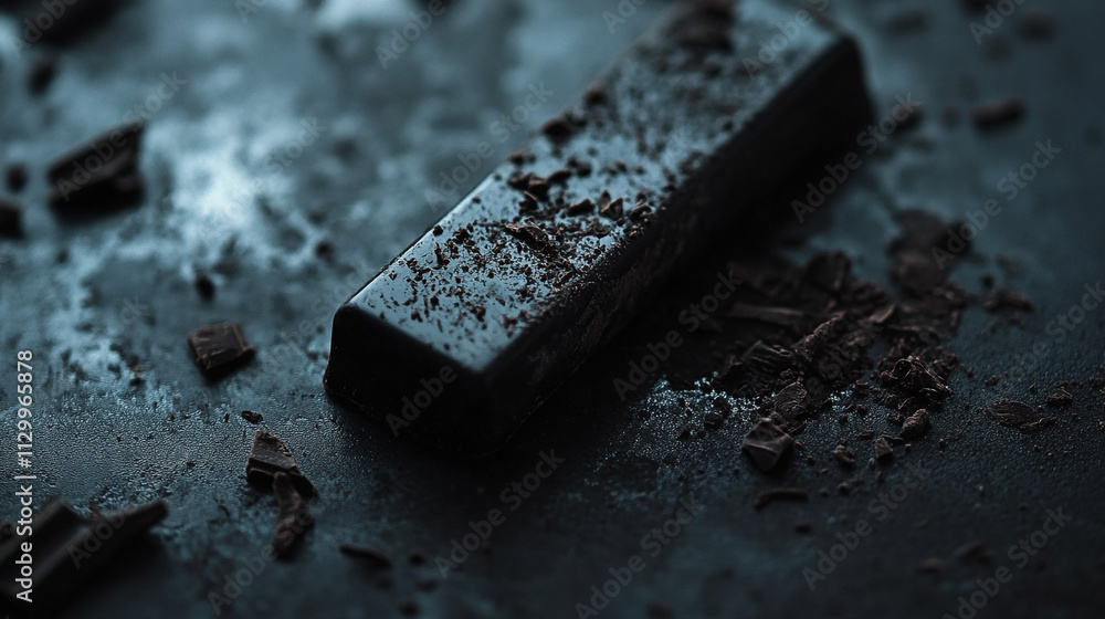 Dark chocolate bar with shavings on a textured surface in moody lighting Dark chocolate bar with shavings on a textured surface in moody lighting