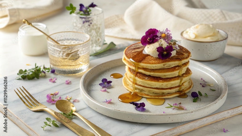 Luxurious Pancakes with Floral Garnish and Maple Syrup Luxurious Pancakes with Floral Garnish and Maple Syrup