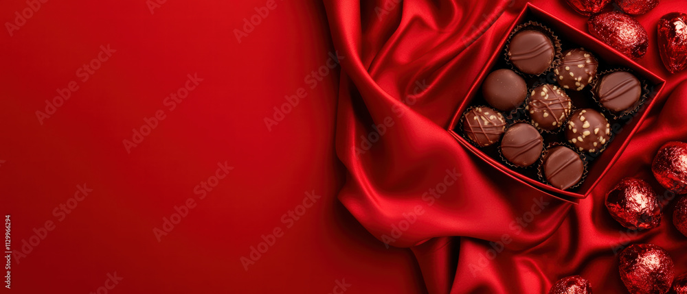 A luxurious arrangement of chocolates in a box surrounded by rich, red satin fabric, evoking a feeling of indulgence and elegance.