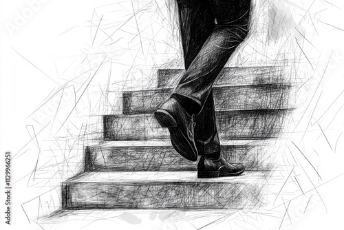 A person ascending stairs, depicted in a sketchy, artistic style.