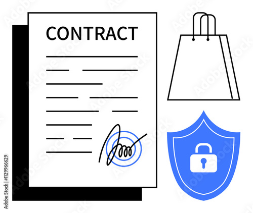 Contract with a signature, shopping bag, and a security shield with a padlock icon. Ideal for legal services, e-commerce agreements, security policies, business transactions, online shopping, data
