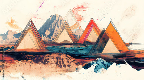 An old-style abstract art illustration features triangular shapes, rough-edged 2d animation, made of wire, on a white background with accurate topography. Omnipresent. Illustration photo