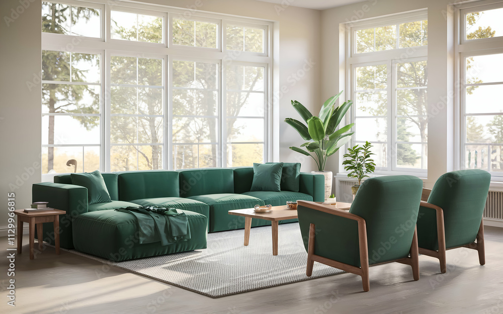 Fototapeta premium modern living room with a large green sofa and two green armchairs. The room has wooden , including a wooden coffee table and a bookshelf. There is a potted plant near the window.