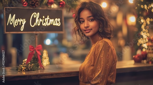 Half body shot of an Indian woman with wavy hair, wearing a gold blouse, standing near a reception desk adorned with Christmas decorations and a 