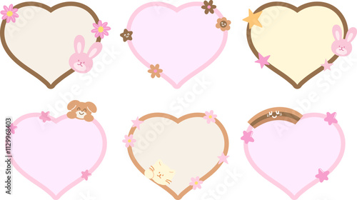 Cute and sweet vector of bunny, puppy, star, rainbow, flowers with heart shaped blank space for name tag, text bubble, sticker, animal print, memo, sticky note, notepads, Chocolate's Day, dessert