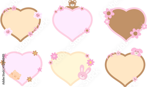 Cute and sweet vector of cat, teddy bear, bunny, puppy, flowers with heart shaped blank space for name tag, text bubble, sticker, animal print, memo, sticky note, notepads, Chocolate's Day, dessert