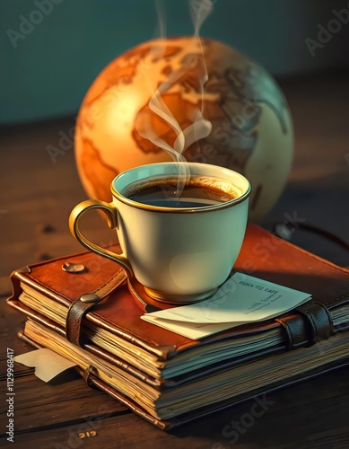 Steaming Coffee Cup on Vintage Notebook with Globe and Warm Lighting generative AI