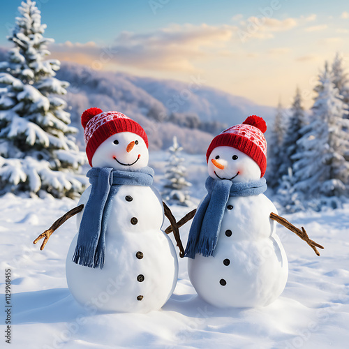 Merry Christmas and Happy New Year greeting card with copy space. Many snowmen standing in winter Christmas landscape. photo