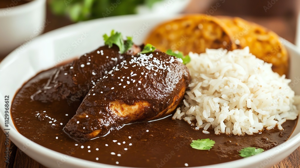Delicious chicken in mole sauce with rice. Delicious chicken in mole sauce with rice.