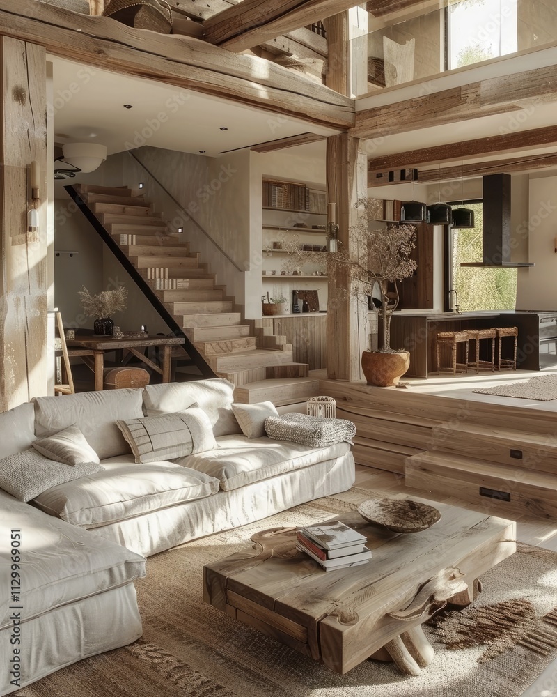 Farmhouse-style modern living room interior with a wooden staircase, cozy decor, and natural light creating a warm and inviting atmosphere Farmhouse-style modern living room interior with a wooden staircase, cozy decor, and natural light creating a warm and inviting atmosphere