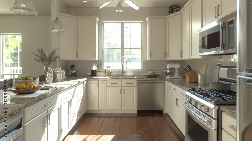Fototapeta premium A contemporary kitchen featuring white cabinetry, granite countertops