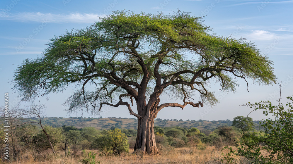 Majestic Tree with Thick Trunk and Expansive Branches in Vast Savannah Landscape, Green Leaves, Sparse Vegetation in Background, Clear Blue Sky, Serene Beauty of Nature as Focal Point Majestic Tree with Thick Trunk and Expansive Branches in Vast Savannah Landscape, Green Leaves, Sparse Vegetation in Background, Clear Blue Sky, Serene Beauty of Nature as Focal Point