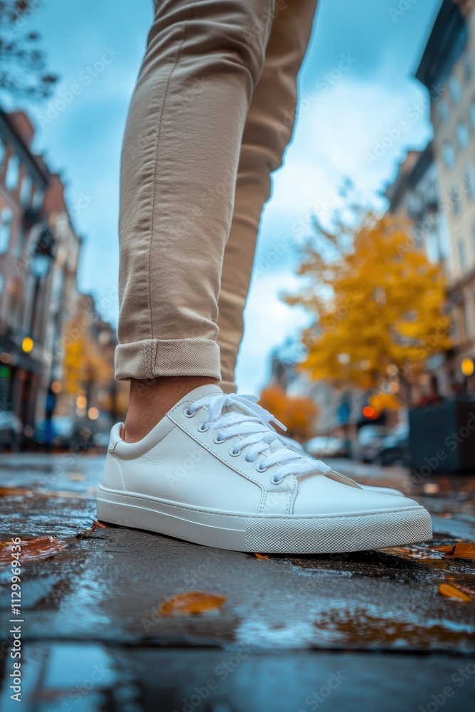 Urban Pedestrian, White Sneakers on Wet Pavement Reflecting Light, Autumnal Scene for Fashion or Lifestyle Urban Pedestrian, White Sneakers on Wet Pavement Reflecting Light, Autumnal Scene for Fashion or Lifestyle