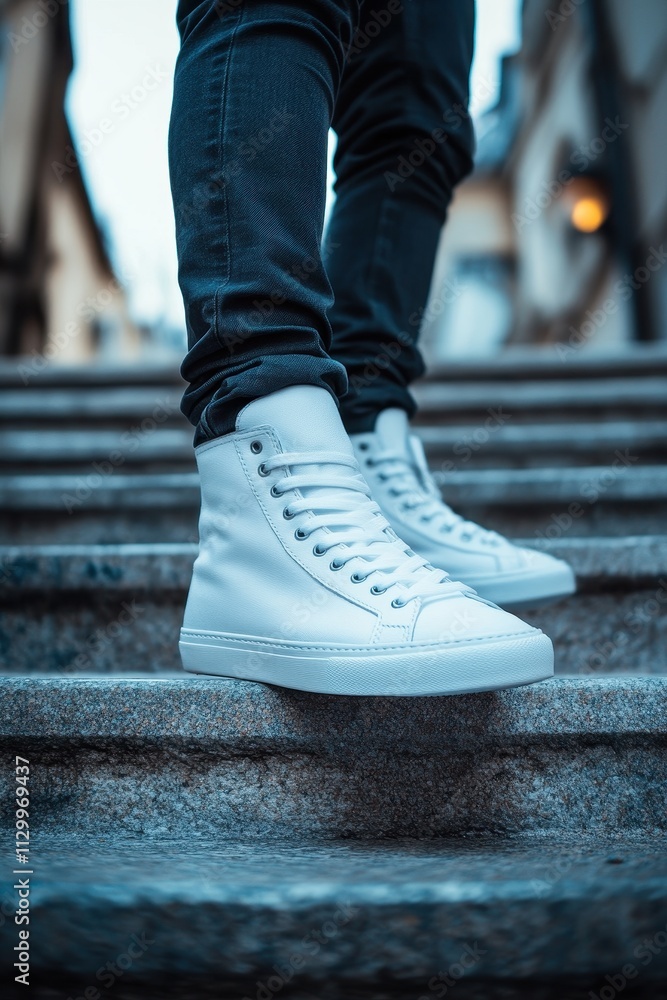 Urban Casual Male, White Sneakers and Dark Jeans, Night Setting, Step Down Stairs for Streetwear Advertisements Urban Casual Male, White Sneakers and Dark Jeans, Night Setting, Step Down Stairs for Streetwear Advertisements