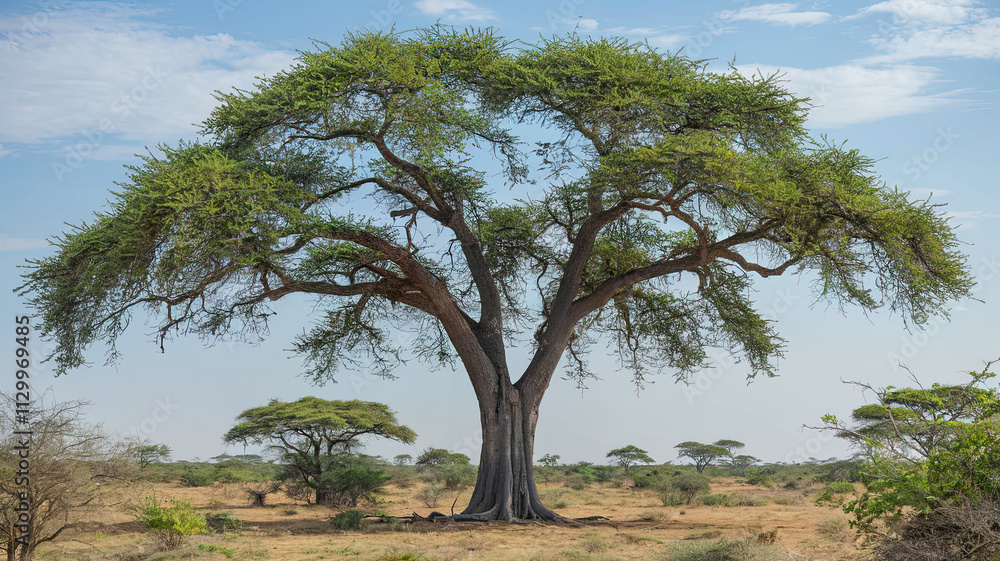 Majestic Tree with Thick Trunk and Expansive Branches in Vast Savannah Landscape, Green Leaves, Sparse Vegetation in Background, Clear Blue Sky, Serene Beauty of Nature as Focal Point Majestic Tree with Thick Trunk and Expansive Branches in Vast Savannah Landscape, Green Leaves, Sparse Vegetation in Background, Clear Blue Sky, Serene Beauty of Nature as Focal Point