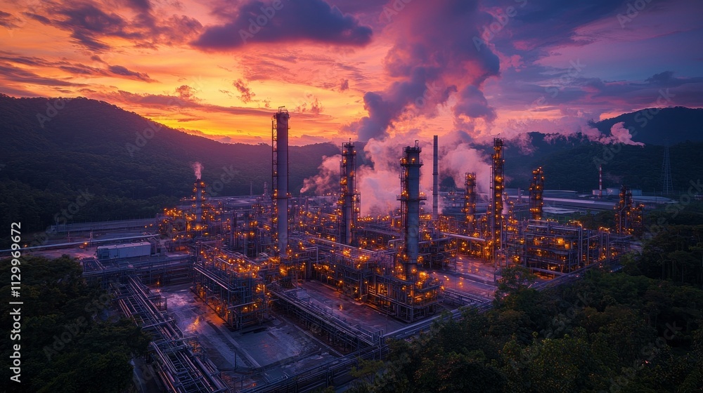 Smoke and steam billow amidst towering structures of an oil refinery, as the sun sets behind distant hills, casting dramatic hues of orange and purple across the sky Smoke and steam billow amidst towering structures of an oil refinery, as the sun sets behind distant hills, casting dramatic hues of orange and purple across the sky
