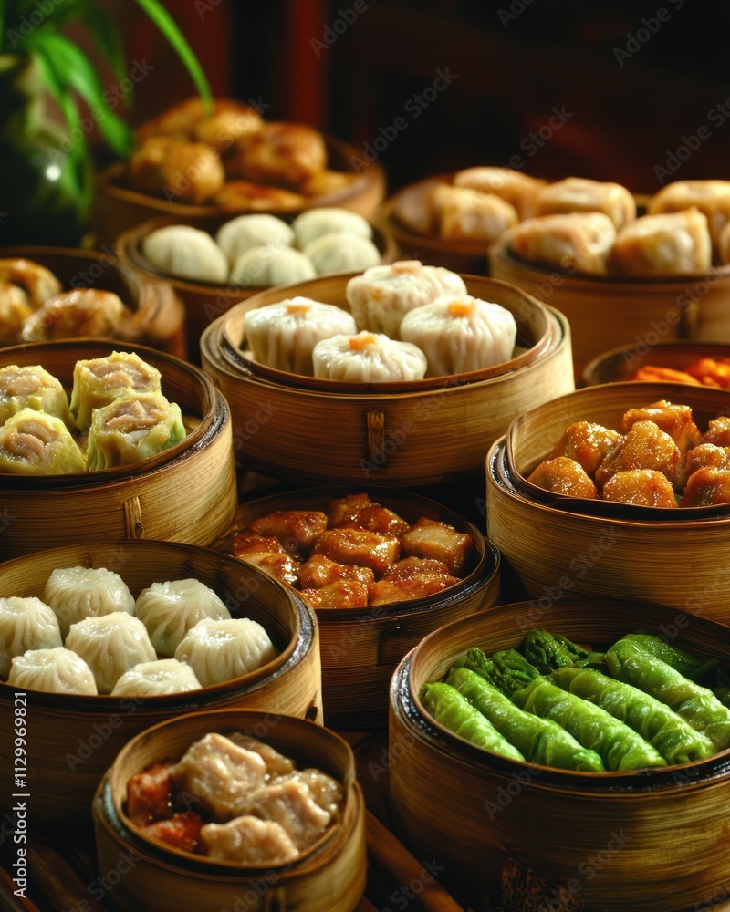 A variety of dim sum dishes served in bamboo steamers, showcasing traditional Chinese cuisine. A variety of dim sum dishes served in bamboo steamers, showcasing traditional Chinese cuisine.