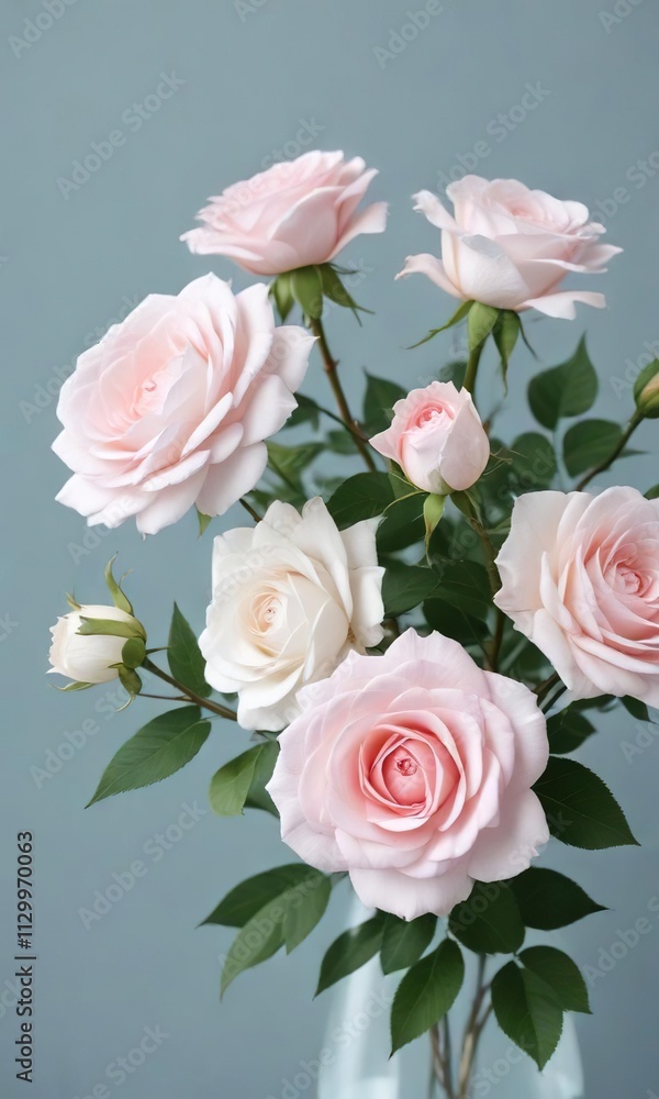 A delicate assortment of pale pink and white paper roses against a soft blue or pale grey background, gentle hues, vintage-inspired decor A delicate assortment of pale pink and white paper roses against a soft blue or pale grey background, gentle hues, vintage-inspired decor