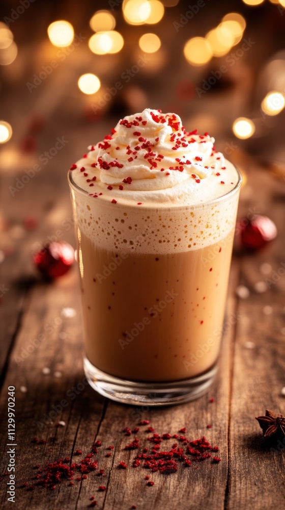 A festive drink topped with whipped cream and red sprinkles, set on a rustic wooden table. A festive drink topped with whipped cream and red sprinkles, set on a rustic wooden table.