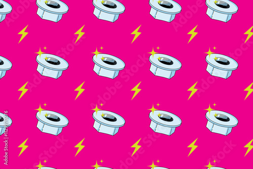 flange nut fastener with thunder bolt element colorful seamless pattern on pink background for print on packaging, stationery, merchandise.  groovy flange nut fastener seamless pattern background. 