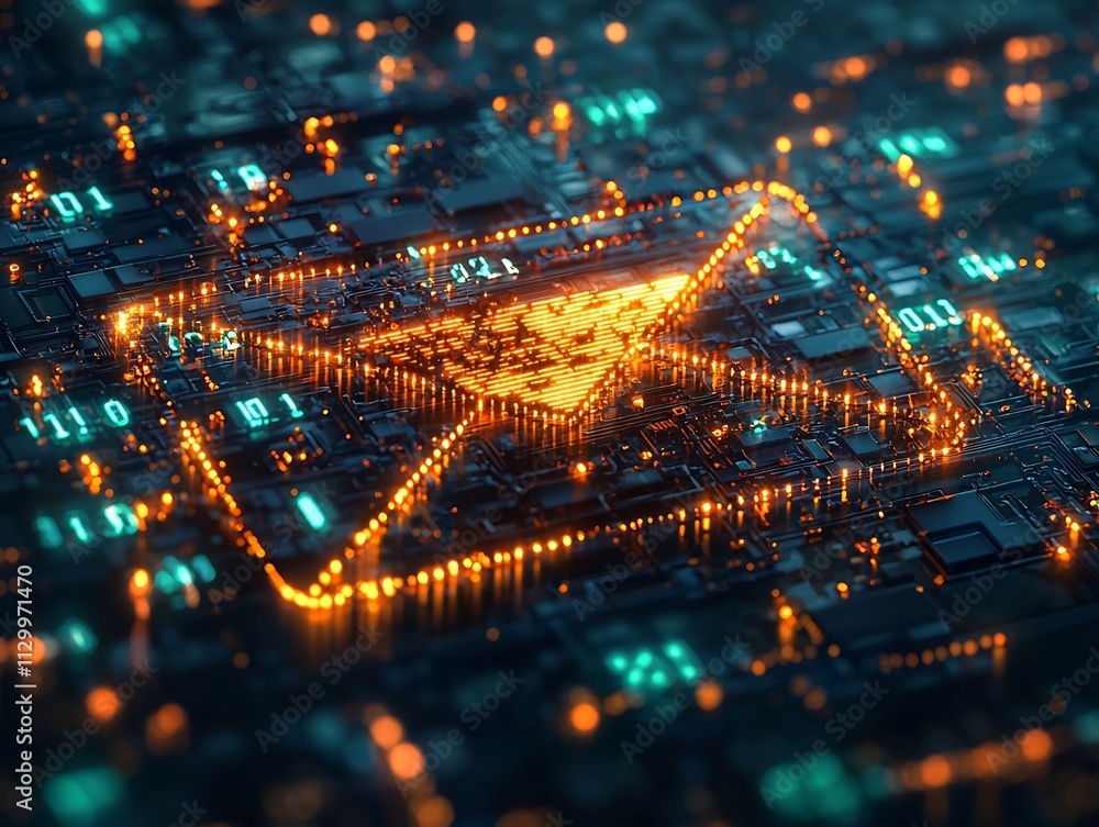 Fototapeta premium Flowing Binary Code Email Icon Against Dark Neon Lit Background