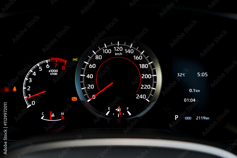 Fototapeta premium car​ instrument panel, car​ speed motor of​ night, car​ dashboard​ modern​ automobile control​illuminated panel​ speed display.
