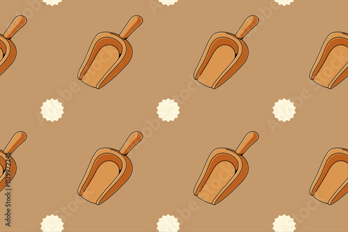 wooden shovel coffee with dot element colorful seamless pattern on brown background for print on packaging, stationery, merchandise.  classic timber shovel coffee seamless pattern background. 