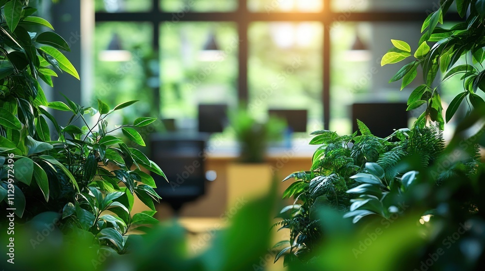 Modern Office Space with Green Plants and Natural Light in a Quarantine Setting Modern Office Space with Green Plants and Natural Light in a Quarantine Setting