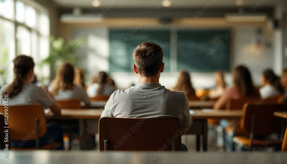 Boy with gray t-shirt sitting in the back of a classroom with his back turned facing the front of the class teacher with a whiteboard chalkboard with assignments studying workload Boy with gray t-shirt sitting in the back of a classroom with his back turned facing the front of the class teacher with a whiteboard chalkboard with assignments studying workload