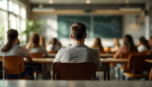 Boy with gray t-shirt sitting in the back of a classroom with his back turned facing the front of the class teacher with a whiteboard chalkboard with assignments studying workload