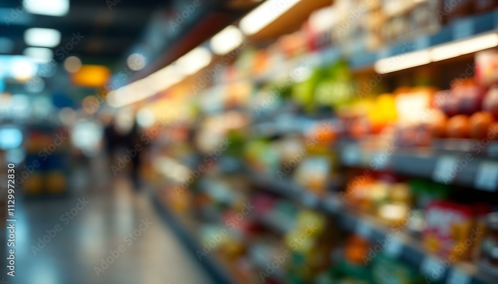 View of a blurry grocery store aisle with rows of shelving full of food products View of a blurry grocery store aisle with rows of shelving full of food products