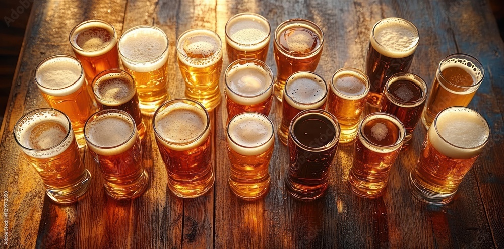 Overhead Shot of Beer Glasses Ales and Lagers on Rustic Wooden Table Overhead Shot of Beer Glasses Ales and Lagers on Rustic Wooden Table
