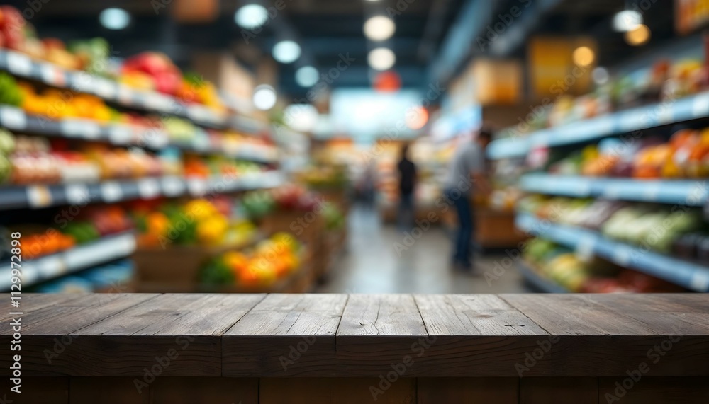View of a blurry grocery store aisle with rows of shelving full of food products View of a blurry grocery store aisle with rows of shelving full of food products