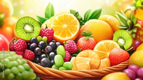 Illustration of Fruits in Basket with Strawberry, Orange, Grape, Kiwi