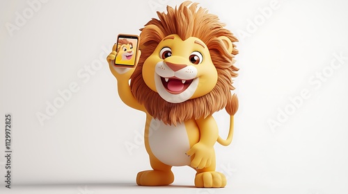 Cute Cartoon Lion Using Smartphone Happy Animal Mobile Phone photo