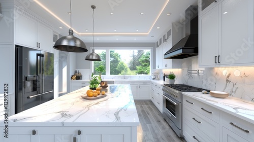 A contemporary kitchen with white cabinets, marble countertops