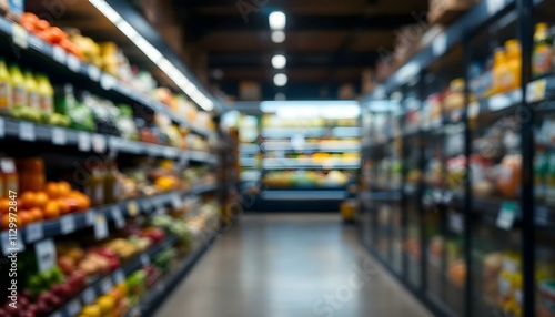 View of a blurry grocery store aisle with rows of shelving full of food products 