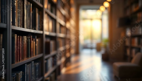 Quaint cozy bookstore setting blurry backdrop with rows of bookshelves in natural light