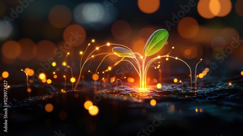 Technological Harmony: Close-up of a Quantum Ecosystem with Precisely Illuminated Tiny Plants and Energy Streams