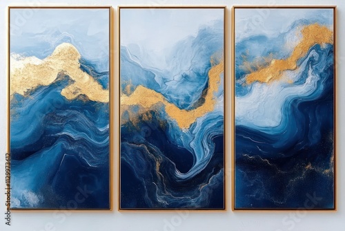 Abstract Fluid Acrylic Art Set of Three Framed Dark Posters in Blue and Gold Accents 8x12 Contemporary Decor photo