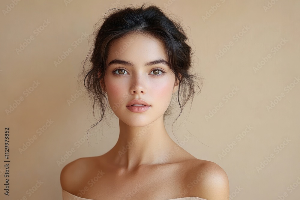 Beautiful young Asian woman portrait with fresh skin on beige background for skincare and beauty treatments Beautiful young Asian woman portrait with fresh skin on beige background for skincare and beauty treatments