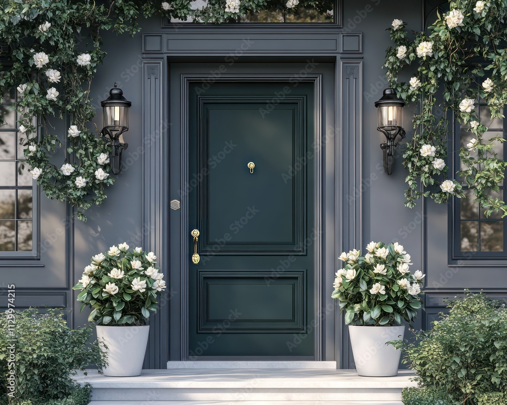 Luxury entrance with a forest green door and small potted gardenias, ideal for upscale design. Luxury entrance with a forest green door and small potted gardenias, ideal for upscale design.