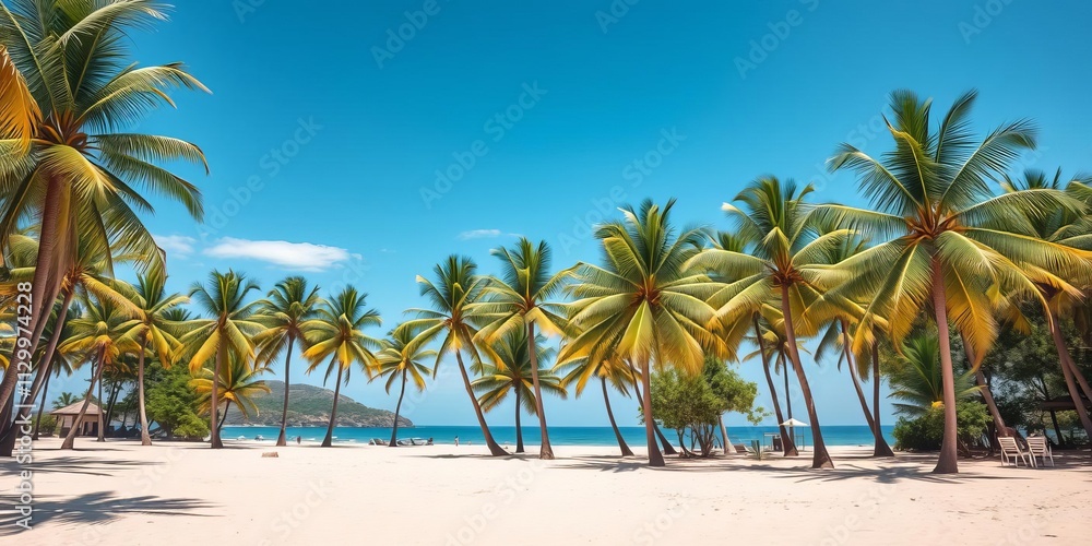 Obraz premium Panoramic view of lush exotic palm trees swaying in the breeze on a sandy tropical beach, sand, blue sky