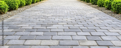 Wallpaper Mural A paved pathway lined with lush greenery, showcasing a neat arrangement of stones, ideal for landscaping and outdoor aesthetics. Torontodigital.ca