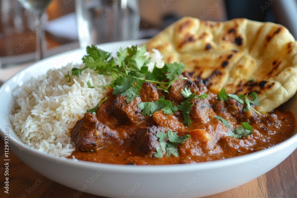 Delicious beef curry served with rice and naan. Perfect for illustrating Indian cuisine or restaurant menus. Delicious beef curry served with rice and naan. Perfect for illustrating Indian cuisine or restaurant menus.